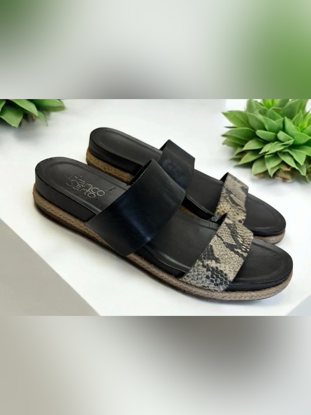 Franco Sarto Black and Snakeskin-print Double-strap Slide Sandals Women’s 9.5